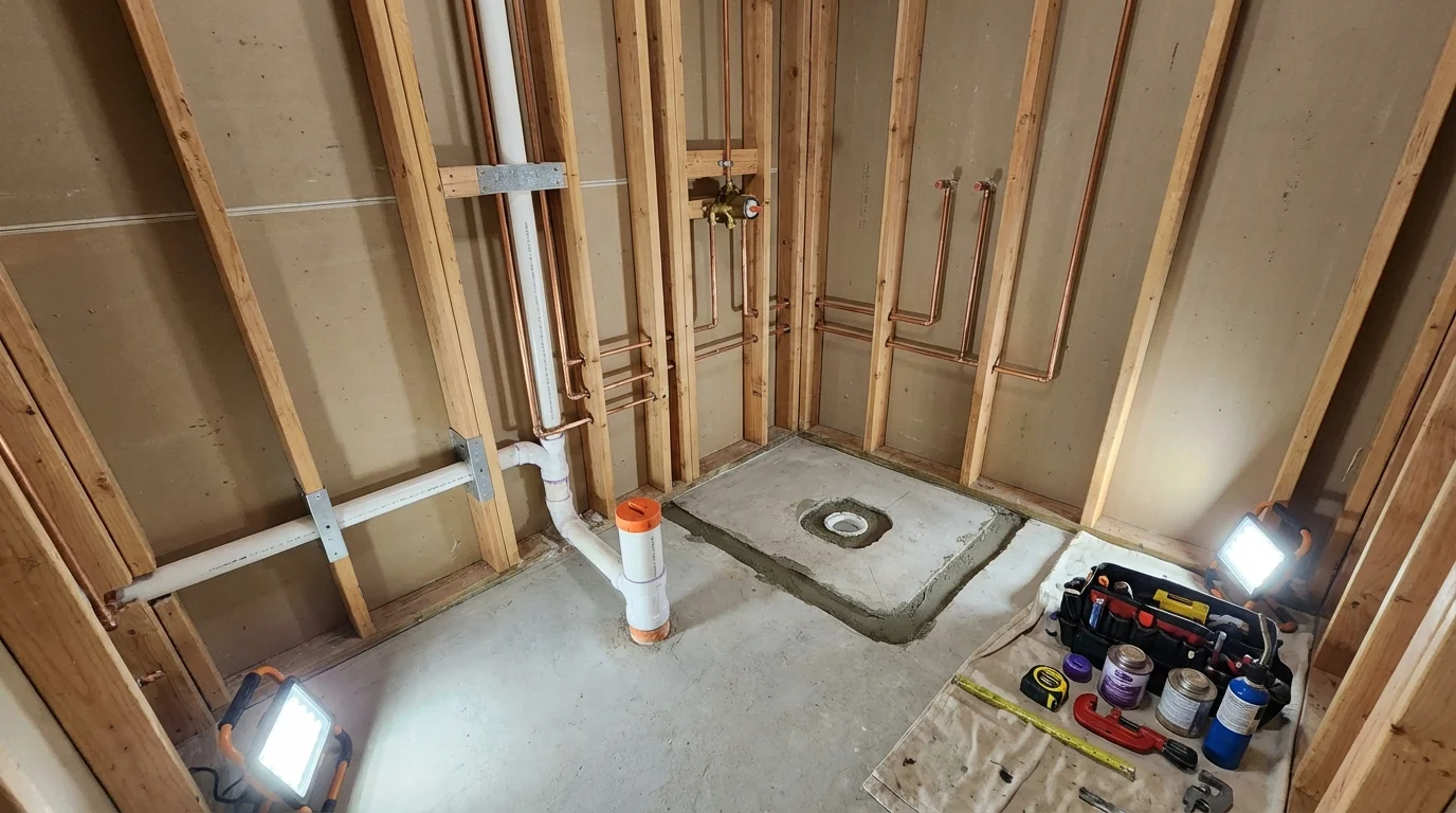 Bathroom rough-in plumbing during remodel by Johns Plumbing LLC in Terry
