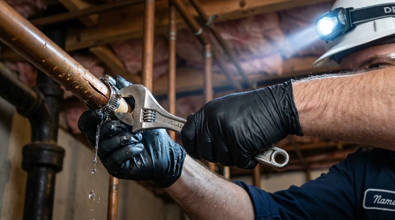 Emergency pipe clamp repair being performed by a Johns Plumbing LLC plumber in Terry