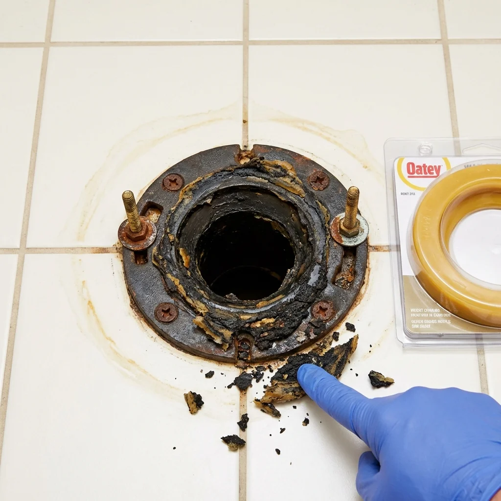Failed wax ring showing water seepage at the base of a toilet in a Terry, MS home