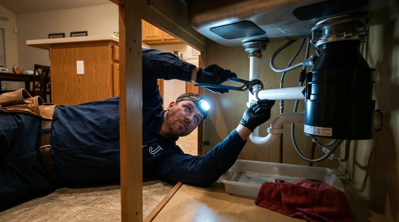 P-trap and supply line connections under a kitchen sink showing a common leak point in Terry, MS